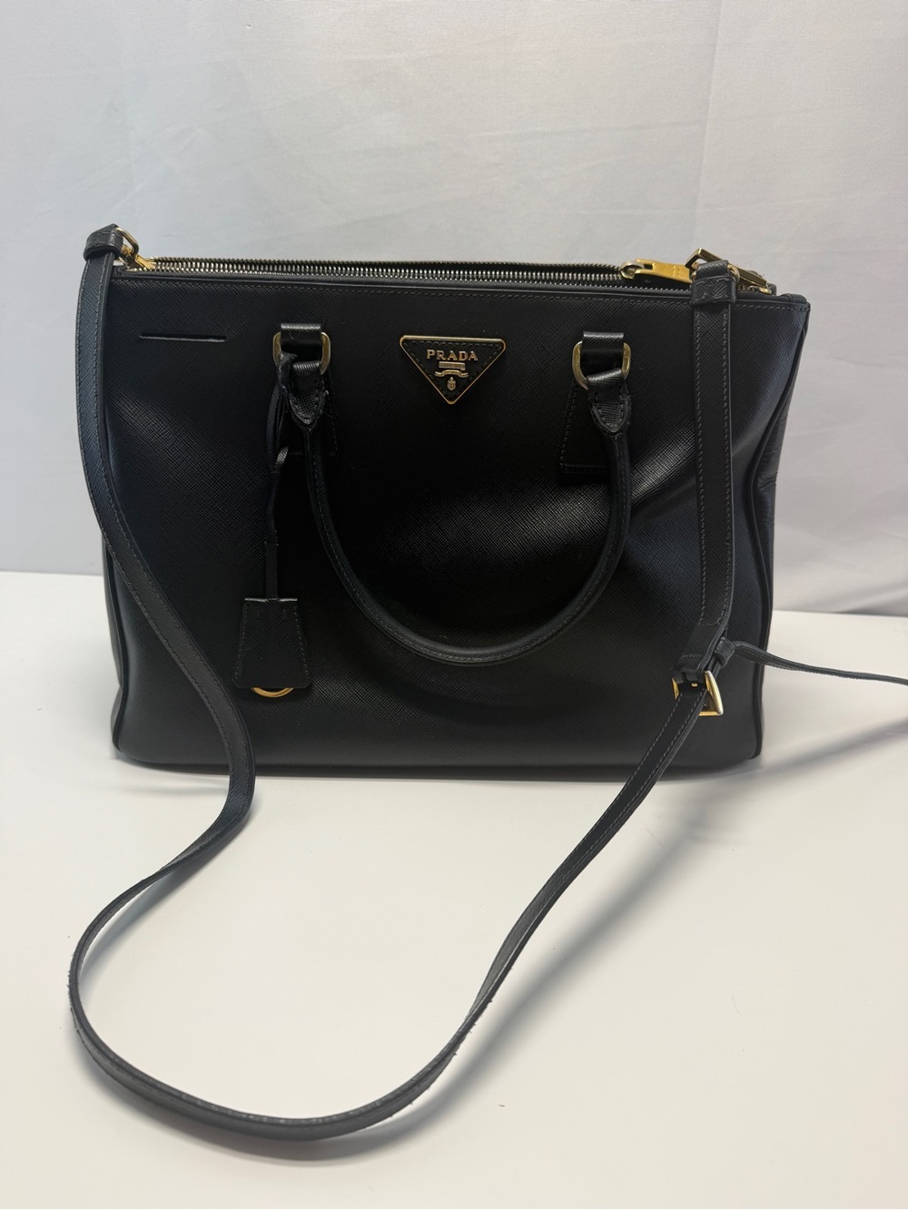Prada Black Saffiano Leather Satchel with Gold Hardware
